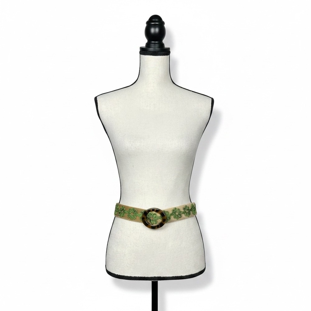 J. McLaughlin Womens Tan Velvet Belt Green Embroidery Tortoise Buckle S Preppy - Picture 8 of 9
